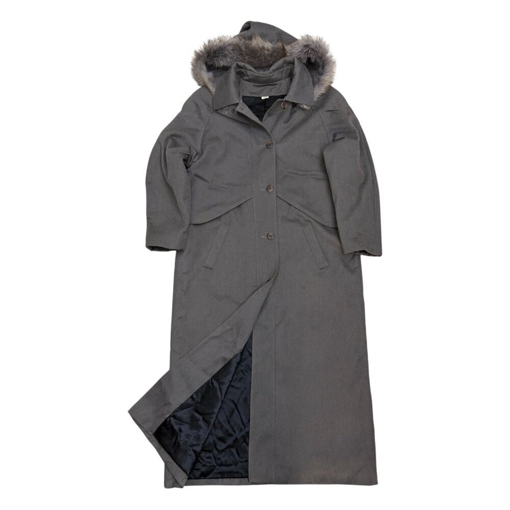 VINTAGE WOOL & GENUINE FUR Trilogi Long Gray Trench Business Coat Womens 10
